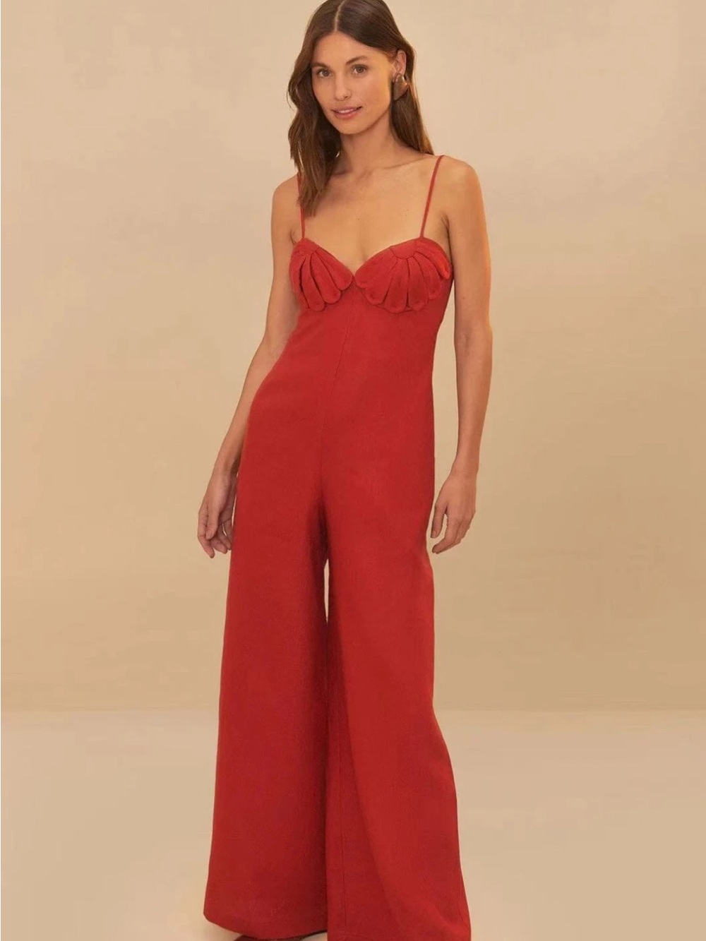 FARM Rio Red Sculpted-Bust Wide-Leg Jumpsuit